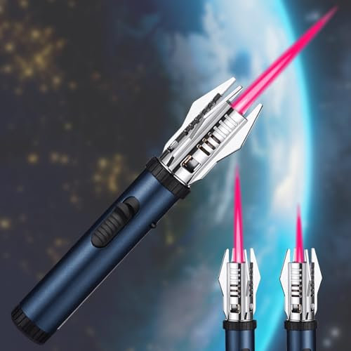 Jetflamme Feuerzeug, Gas Nachfüllbar, Einstellbare Flamme, Winddichtes Gasfeuerzeug, Abschließbar für Grill, Kamin, Camping (Ohne Butangas) (Blau)