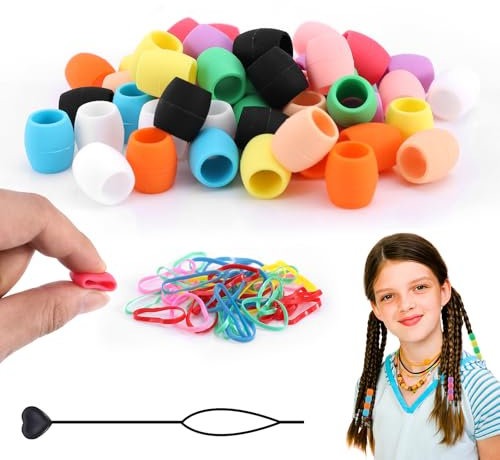 50pcs Silicone Hair Beads, Soft Colorful Large Hair Beads for Braids Pony Beads with Rubber Bands & Beading Needle for Kids Girls Women Hair Accessories