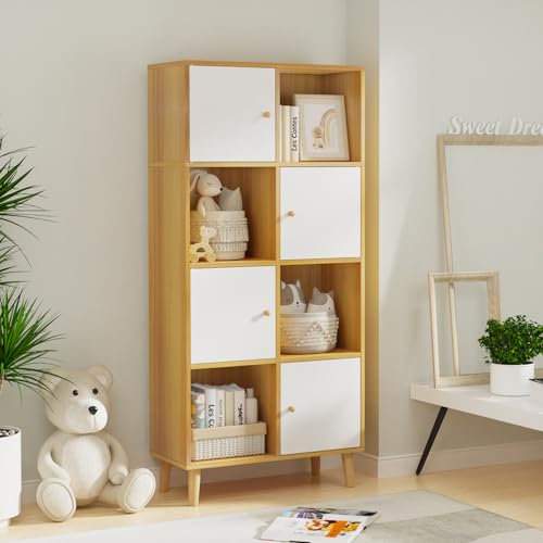 CHOWGOLI Bücherregal, Bücherschrank Standregal, Würfelregal Mit 8 Fächern und 4 Türen, Moderner Stil Aufbewahrungsregal, Bücher Regal Weiß und Beige, Stilvoll und praktisch, 64,5x30x138 cm
