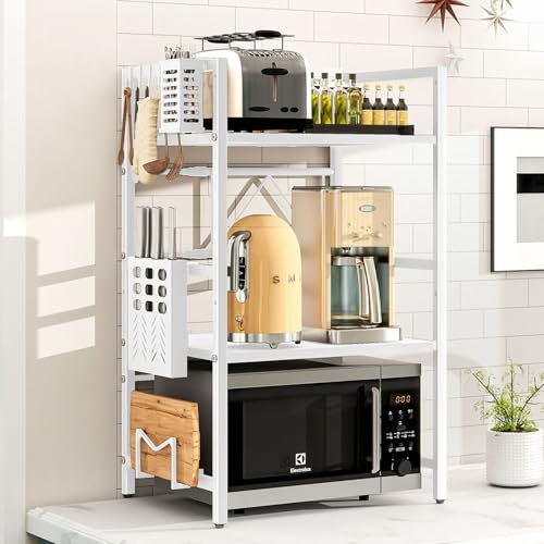 LZNIOZ Microwave Shelf with Hooks/Cutting Board Holder/Knife Holder/Cutlery Box, Microwave Stand for Kitchen Counter(White)