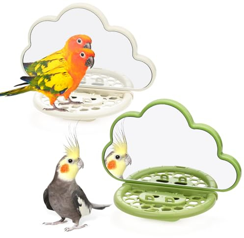 Vogelspiegel, Spiegel für Vogelkäfig, Vogelspielzeug, Vogelkäfig-Spiegel für Sittiche, Vogelkäfig-Futterspender, Vogelsitzstangen für Käfig, Vogelkäfig-Zubehör (Beige, Grün), 2 Stück