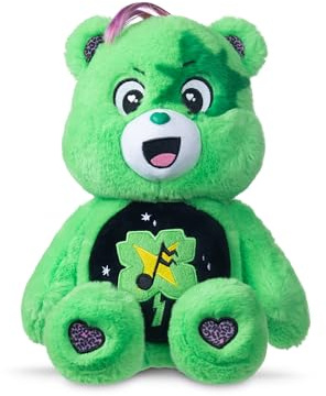 Basic Fun Care Bears 22cm Rock Theme Plush – Good Luck Bear Eco-Friendly Soft Toy with Lightning Belly Badge – Collectible Plush for Kids & Fans, 14, Green