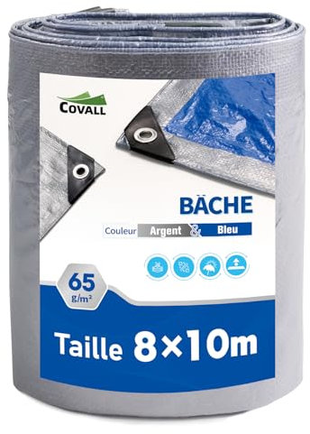 Covall Telone Occhiellato Leggero Argento/Blu Antistrappo Impermeabile Antivento e Resistente ai Raggi UV per Auto,Camion,RV,Casa,Tenda,Barca,Piscina Telo 65g/m² (8x10)
