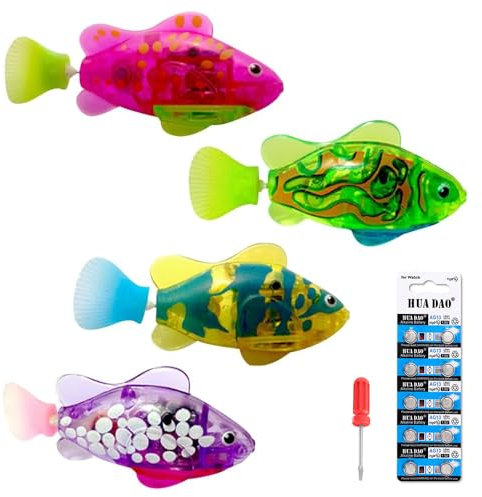 SKIKHN 4 Stück Roboter Fisch, Elektrische Fische mit Leuchtende, Robo Fische für Kinder, Wiederverwendbare Schwimmende Roboterfische mit 10 Batterien LED-Leuchten, Badespielzeug Set für Kinder