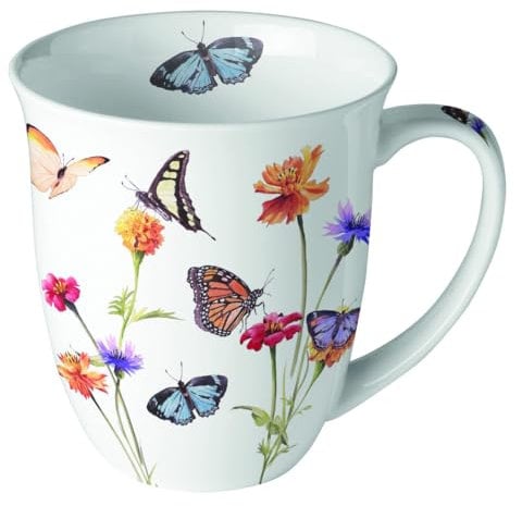 Ambiente Kaffeetasse Henkelbecher Teetasse Mug 400ml Fine Bone China Porzellan Schmetterlinge Blumen Garten Floral Serie Butterfly garden