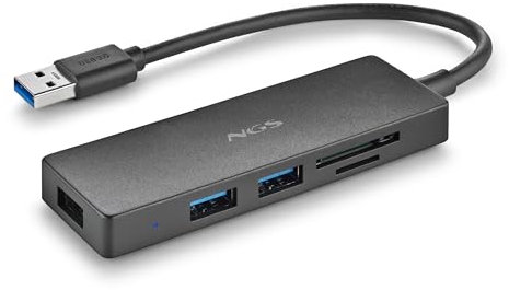 NGS IHUB Reader - Hub USB 3.0 con Lector de Tarjeta, 5 Puertos, Alta Velocidad 5 Gbps, Compatibilidad Universal, PC y Mac, Sistema Plug&Play, Diseño Compacto y Portátil, Cable de 190mm