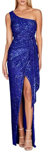 FUPODD Abendkleider Damen Lang Pailletten Kleider Festlich Elegant Hochzeit Cocktailkleid Glitzer Curvy mit Schlitz Ballkleider Frauen Lange One Shoulder Party Abendkleid Eng Sommerkleid mit Gürtel