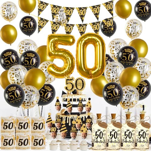 50th Birthday Decorations for Women Men Black Gold 50th Birthday Balloons Triangle Flag Banner Cake Topper for 50 Year Old Party Supplies Decor