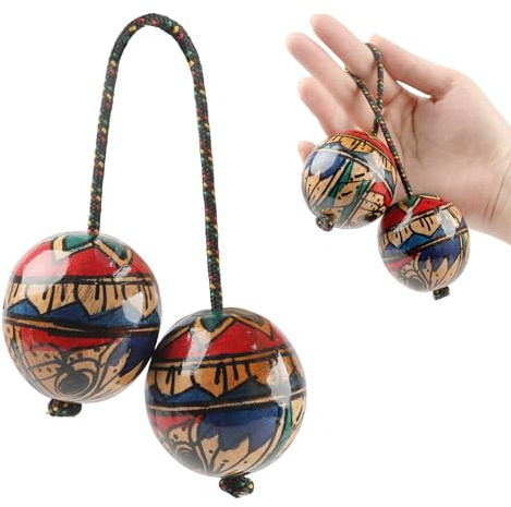 GOGHOST Wooden Hand Painted Kashaka Shaker, Asalato Instrument Rhythmic Ball, Adjustable Length African Shakers, Traditional Aslatuas Double Balls Hand Percussion for Performances (1 PCS)