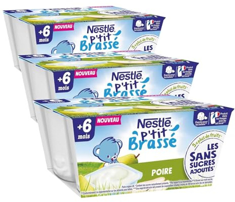 Nestlé Bébé P'tit Brassé Laitage Poire sans sucres ajoutés - dès 6 mois - 4 x 90g (Lot de 3)