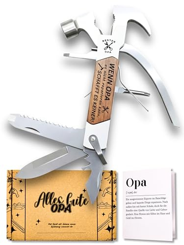 Opa Geschenk Multitool – Opa Geschenk mit Gravur – Hochwertiges Edelstahl Werkzeug mit Hammer, Messer, Schraubendreher & mehr – Perfekt für Heimwerker (geschenke für männer) Opa Geschenkset