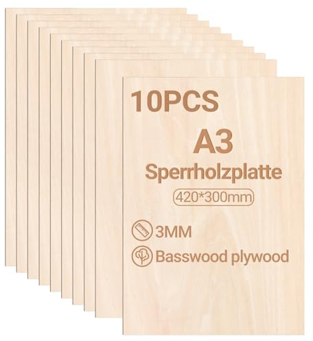 Jiubiaz Sperrholzplatte 3mm 420x300mm 10 Stück Linde holzplatte Zuschnitt Nach Bastelhölzer Holz für Modellbau Laserschnit Laser Gravur Holz Brennen Malerei DIY Ölmalerei