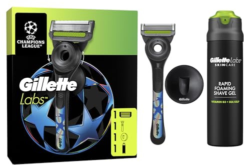 Gillette Labs Rasierer Herren, Nassrasierer, Metall, Schwarz | UEFA Champions League Special Edition, Inkl. 1 Handstück, 1 Rasierklinge, 1 Wandhalterung Und Rasiergel 198ml