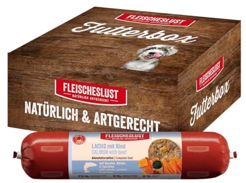 Fleischeslust Hundewurst, Lachs mit Rind, Karotte, Kürbis & Spirulina als Futterbox (6x800g), Hundefutter, Nassfutter-Wurst schnittfest & getreidefrei