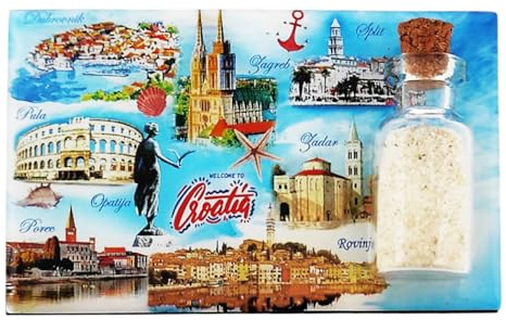 CUCUBA Kühlschrankmagnet Kroatien wichtige Monumente und Städte und Flasche mit Sand Magnet 3D-Magnet Sammlerstück 8 x 5 cm P-145-6