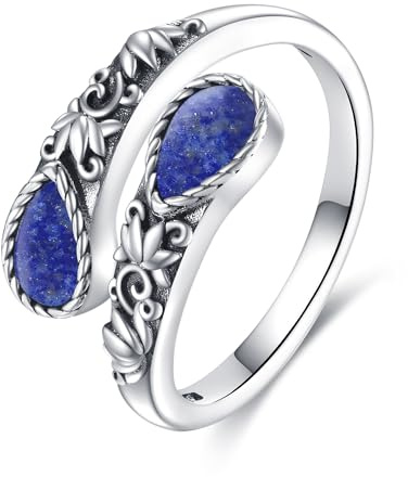 CUPENDA Lapislazuli Ring 925 Sterling Silber Just Breathe Lapislazuli Löffel Ring für Frauen Lotus Blume viktorianischen Schmuck für Frauen