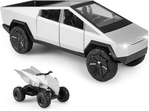 TOPRON Tesla Truck-Modellauto: 1:24 Spielzeug-Trucks aus Druckgussmetall mit Licht und Ton, Mini-Fahrzeugspielzeug für Jungen ab 3 Jahren(Silber, Ausgestattet mit Strandmotorrad)