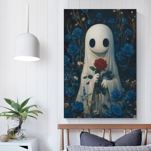 POLIUAWS Ghost with Red Rose Wall Art - Leinwand Wandbild Poster Modern Dekorationen Für Das Wohnzimmer,Büro,Küche,Schlafzimmer 16x24inch(40x60cm)
