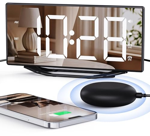 Wecker Laut für Tiefschläfer mit Bettshaker, Doppel Vibrationswecker, 8.7'' LED Spiegel Wecker für Senioren, Kinder, 7 Lautstärke und Dimmer, Batterie-Backup, Snooze, 12/24H-DST, Wecker ohne Ticken