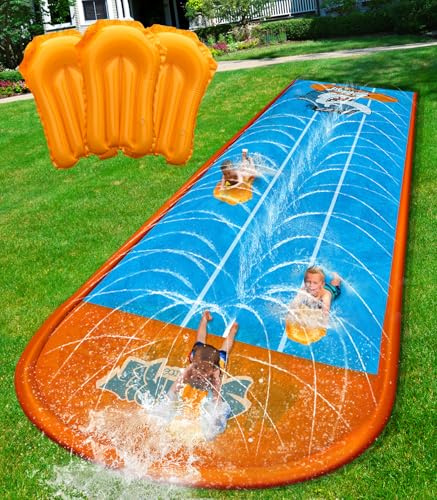 Spring Water Slip and Water Slide for Kids Backyard, 17ft*3 Racing Lanes Slip Water Slides with Sprinkler for Age 5-8 8-12, Summer Outdoor Water Toy with 3 Inflatable Bodyboards