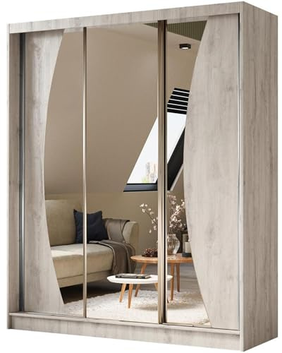 BEAUTY SOFA Vox - Schrank mit Spiegel - Kleiderschrank mit Schiebetüren - Garderobenschrank, Mehrzweckschrank, Flurschrank - 180cm breit - Sonoma Eiche