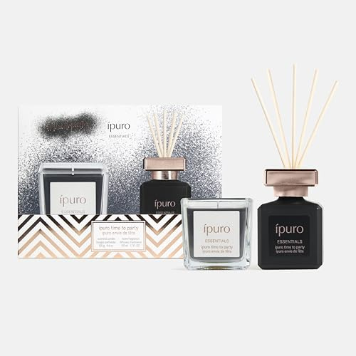 ipuro Essentials TIME TO PARTY Set mit Raumduft 50ml + Duftkerze im Glas 125g - Raumerfrischer mit Grapefruit, Mango & Himbeere Duft Aroma - Diffuser mit Stäbchen & Duftkerze Geschenkset