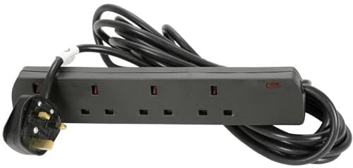 Mercury | UK 4 Gang Extension Lead, Black 5.0m - BS1363/A Compliant, 13A Rating, Keyhole Slots for Wall Mounting, Compact Slimline Design, Voltage 230Vac, Ideal for Home and Office Use