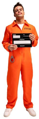 Wicked Costumes Mens Orange Convict with Handcuffs & I.D Board Fancy Dress Costume - X-Small