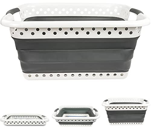 67L Large Folding Laundry Basket - Foldable Pop Up Storage Organizer, Collapsible for House and Clothes Bedrooms Laundry Baskets and Room Bathroom (Rectangular) White, Grey