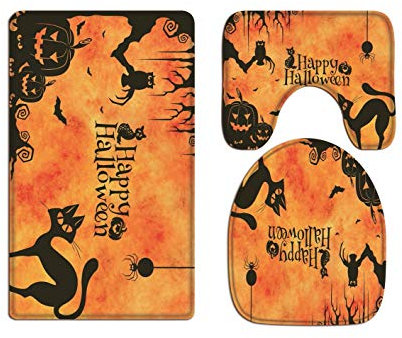 A.Monamour Badezimmer Badematte 3 Teilig Set Happy Halloween Katze Eule Kürbis Spinne Fledermaus Urlaub Themed Dekor Braun Hintergründe Flanell Badteppiche Badvorleger Badgarnitur WC Vorleger