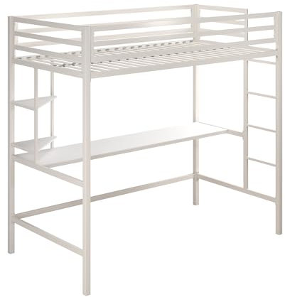 Novogratz Maxwell Metal Twin Loft Bed with Desk & Shelves, Off White/Off White