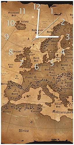 Wallario Design-Wanduhr Alte Weltkarte Karte von Europa in englisch aus Glas, Motiv-Uhr Größe 30 x 60 cm, weiße Zeiger