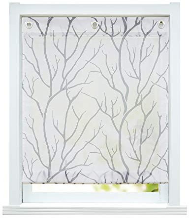 ESLIR Raffrollo ohne Bohren Raffgardine Transparent mit Ösen Gardinen mit U-Haken Ösenrollo Modern Vorhänge Weiß-Grau BxH 120x140cm 1 Stück