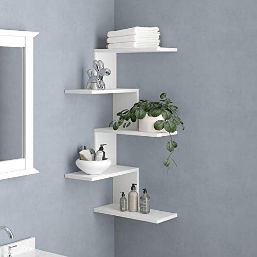 RANK Moderne 5-stöckige schwebende Eckregale, Wandmontage, Ausstellungsorganizer, Aufbewahrungsregal für Badezimmer, Schlafzimmer, Wohnzimmer, Küche, Büro und mehr (weiß)
