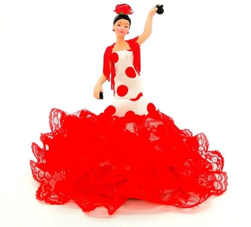 Folk Artesanía Gala Porzellanpuppe 18 cm. Andalusisches Flamenco-Regionalkleid mit Blume España Dolls. (Weißes Kleid mit roten Tupfen)