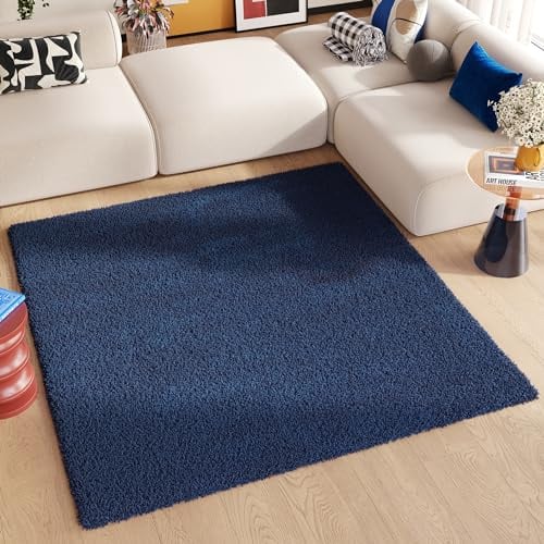 TAPISO Essence Teppich Quadratisch Shaggy Hochflor Langflor Dunkelblau Blau Einfarbig Weich Modern Design Wohnzimmer Schlafzimmer ÖKOTEX 200 x 200 cm