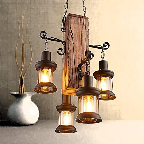 Pendelleuchte Altmodischer Industrieller Pendellampe Retro Holzleuchter E27 * 4 Hängende Eisenkunstlampe Geeignet Für Dachboden Restaurant Cafe Beleuchtung Kronleuchter