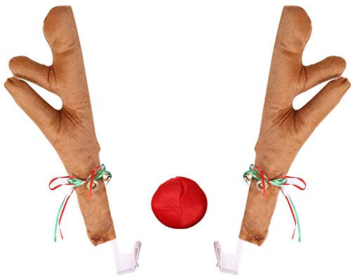 Surakey Weihnachtsdeko Auto mit Rentiergeweihe Braunes Schwanz Rote Nase und Weihnachtenaufkleber Elche, Rentier Deko Weihnachten Rudolf für Truck Van SUV