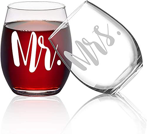 Lighsele Juego de 2 copas de vino tinto Mr y Mrs de 15 onzas | copas de vino sin tallo, copas de vino de cristal con forma de bola de arco, copas de vino blanco para bebidas frías, novia, amigas