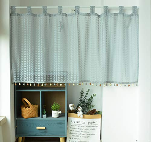Yaland Scheibengardinen transparent Voile Vorhänge mit elegant Muster Kurze Vorhänge küche Vorhänge landhausstil Bistrogardinen mit Kugeln-Kante Grau (BxH 140x200cm) 1 Stück