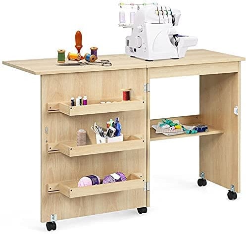 GIANTEX Nähtisch klappbar, Nähmaschinentisch auf Rollen, Nähtisch für Nähmaschine, Nähschrank Holz, Mehrzwecktisch für Wohnzimmer Arbeitszimmer Schlafzimmer (Natur)