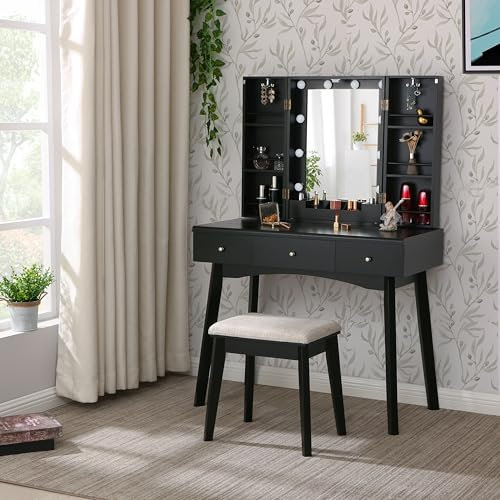 ANWBROAD Schminktisch mit Beleuchtung Schminktisch mit Spiegel 10 LED Glühbirnen Frisiertisch mit 3 Schubladen 2 DIY Teiler gepolstert Hocker bewegliche Organizer Kosmetiktisch Schwarz BDT09B