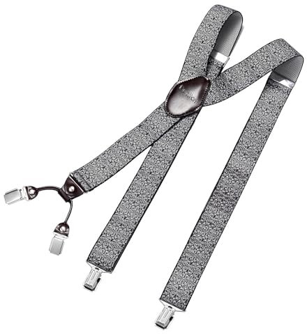 DonDon Hosenträger Herren extra stark Paisley grau 3,5 cm Hosenträger Herren breit mit brauem Leder in Y-Form lang - Starke Clips passend für Anzug Jeans Chinos Vintage Rockabilly Suspenders