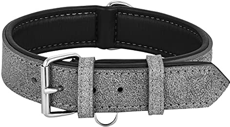 Riparo K-9 Hundehalsband, gepolstert, echtes Leder, verstellbar, strapazierfähig (XL: 4,5CM Breit für 53,4CM - 63,5CM Hals, Grau/Weißer Faden)