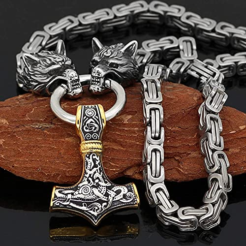 QQTQQ Viking Thors Hammer Halskette, Männer Wolf Kopf Anhänger, Retro nordischen Amulett Schmuck, Edelstahl handgemachte schwere Königskette,Gold+silver-50cm