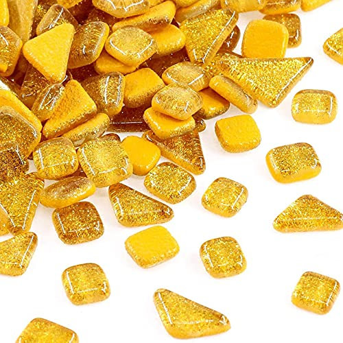 Glas Mosaiksteine 200g, Quadrat und Dreieck Mosaikfliesen Glasfliesen Glitzerkristall Glasmosaik, Glassteine Mosaik Steine für Basteln, Haus Deko(Gold)