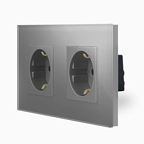 Glas Steckdose Schuko 2 Fach Mehrfachsteckdose Doppel Kombisteckdose in Grau von Luxus-Time