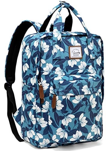 VASCHY Backpack for Women, Girls Lightweight School Backpack Fits 15 Laptop Floral Rucksack Water Resistant Daypack for School, Travel, Work with Bottle Pockets (Blue Gardenia)