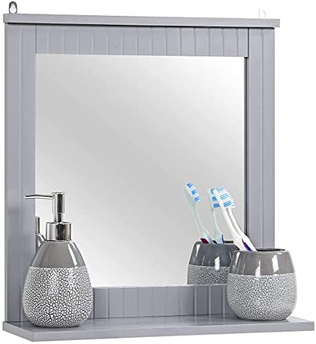 Yorkshire Homeware Wall-Mounted Mirror, Bathroom Mirror with Shelf, Hanging Vanity Mirror, Home Office Living Room Finish Grey