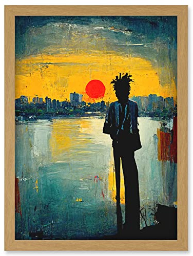 Doppelganger33 LTD Dramatic Sunset Silhouette City Skyline Lake Oil Painting Artwork Framed Wall Art Print A4